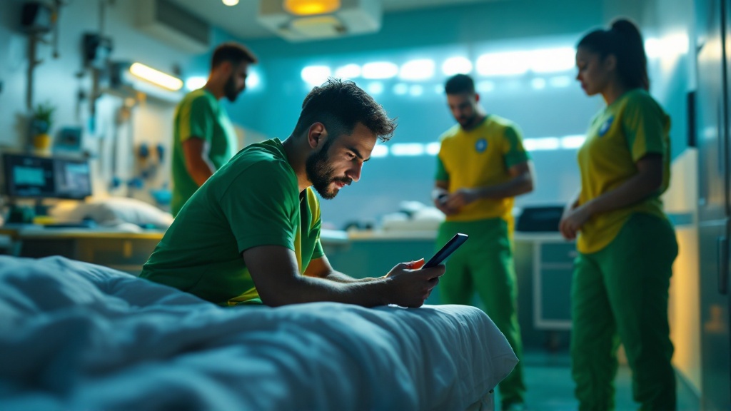 Imagem original da Golmetria sobre lesão de Brasil na Copa do Mundo, imagem cinematográfica gerada por IA; sem fotos reais, sem semelhança de pessoas reais e sem escudos.
