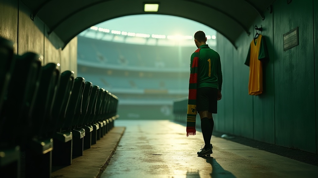 Imagem editorial cinematográfica original gerada por IA — cena de futebol noturno, sem fotos reais, rostos identificáveis ou escudos. Análise, não foto de um evento real.