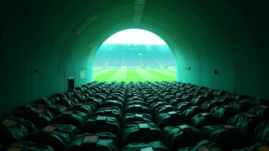 Imagem editorial cinematográfica original gerada por IA — cena de futebol noturno, sem fotos reais, rostos identificáveis ou escudos. Análise, não foto de um evento real.