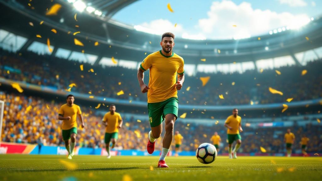 Imagem original da Golmetria sobre lesão de Brasil na Copa do Mundo, imagem cinematográfica gerada por IA; sem fotos reais, sem semelhança de pessoas reais e sem escudos.