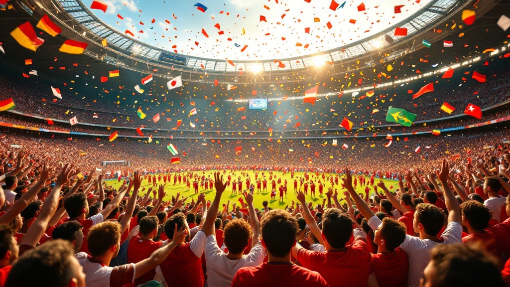 Ilustração original da Golmetria: celebração vibrante de uma Copa do Mundo, torcida em cores de várias seleções e confete sob o sol; sem fotos reais, sem semelhança de pessoas reais e sem escudos ou marcas.
