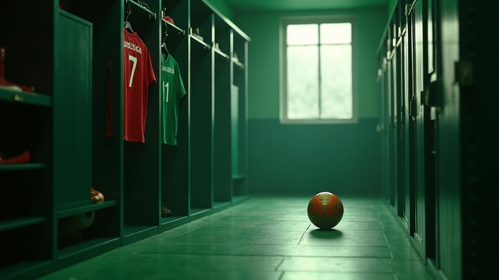 Imagem editorial cinematográfica original gerada por IA — cena de futebol noturno, sem fotos reais, rostos identificáveis ou escudos. Análise, não foto de um evento real.
